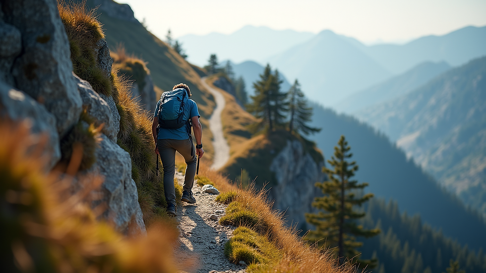 Eye-level view of a person climbing a steep mountain trail