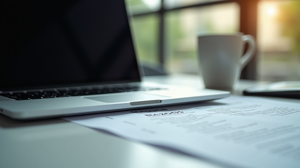 Eye-level view of a professional workspace with a laptop and resume documents