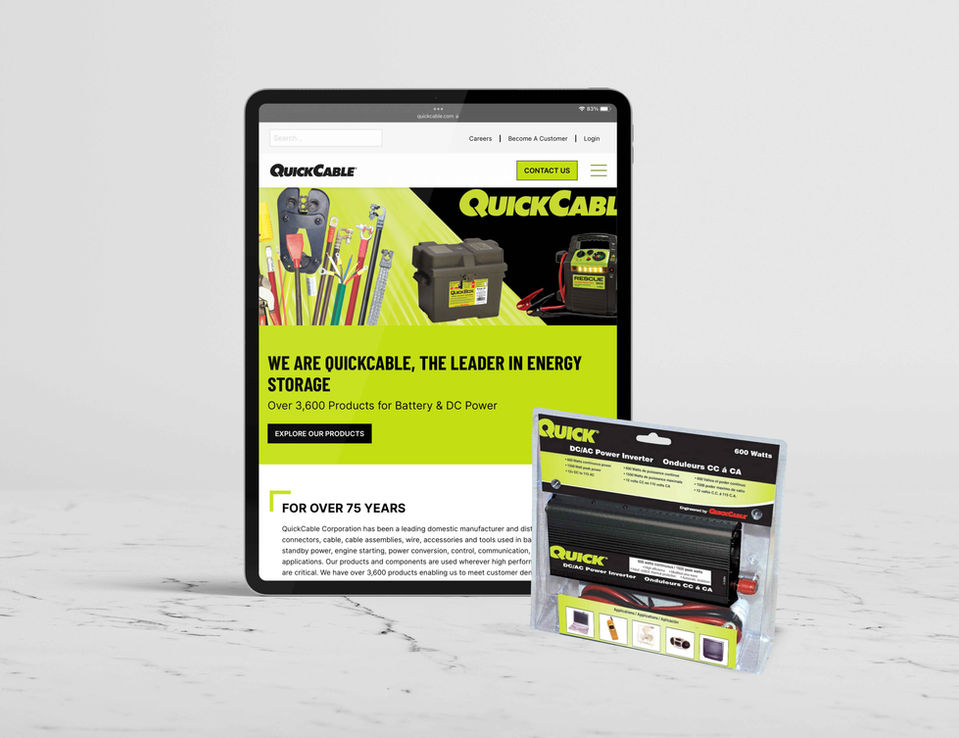iPad with QuickCable homepage and product in front of tablet