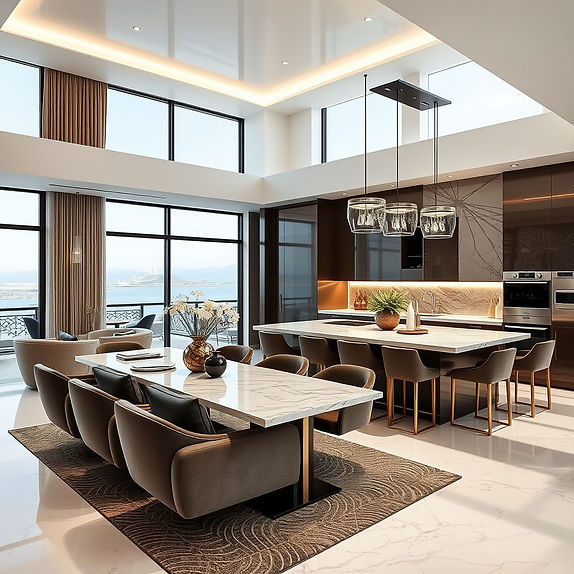 luxury living space with kitchen style inspired from Monaco and LA, interesting modern but