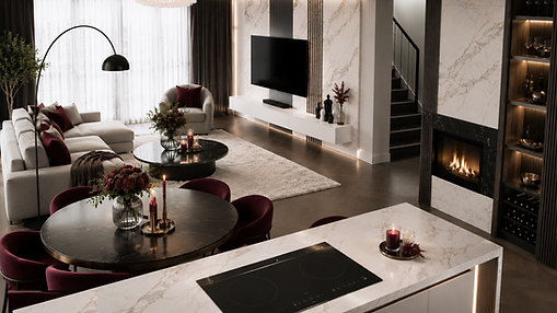 Projekt wnętrza domu jednorodzinnego w Rybniku – elegancka, otwarta strefa dzienna łącząca salon, jadalnię i kuchnię. Ciepłe drewno, jasny kamień i burgundowe akcenty tworzą nowoczesne, ponadczasowe wnętrze.
