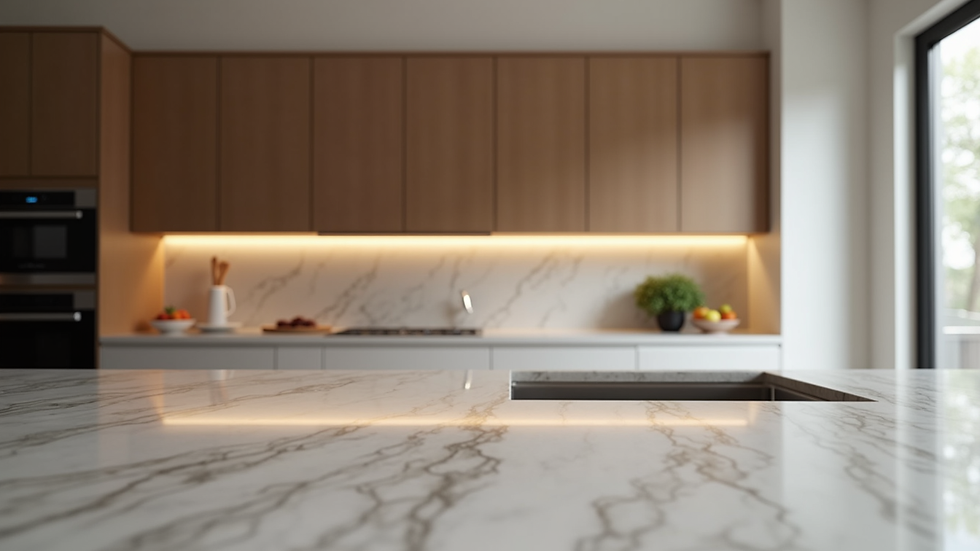 Close-up view of a luxurious kitchen island with marble countertop and designer lighting