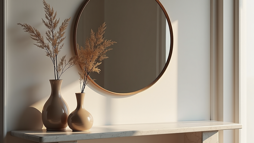 Close-up view of a console table with decorative vases and a statement mirror