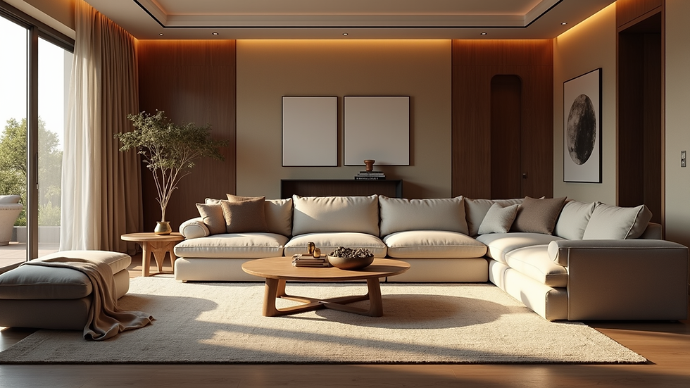 Eye-level view of a luxurious living room with custom furniture and warm lighting