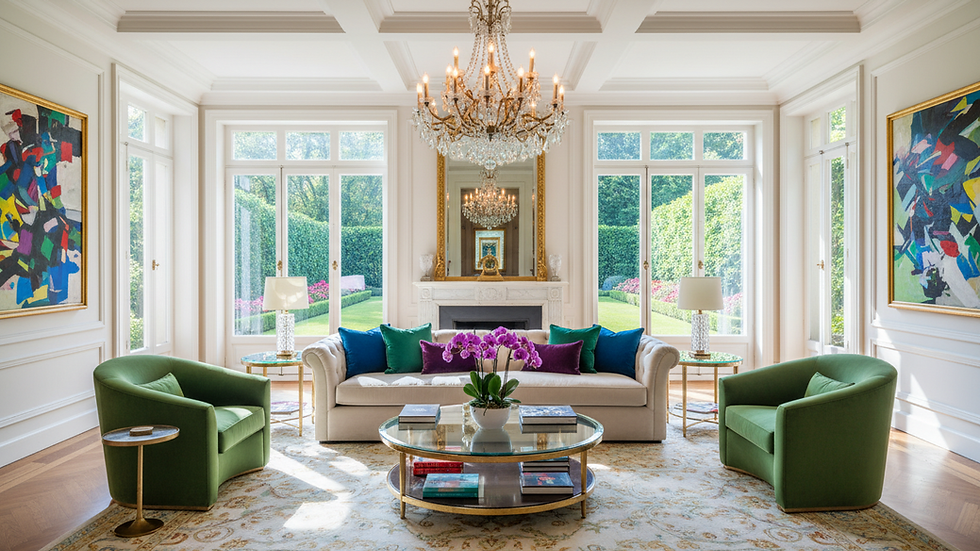 Eye-level view of a spacious living room with large windows and natural light