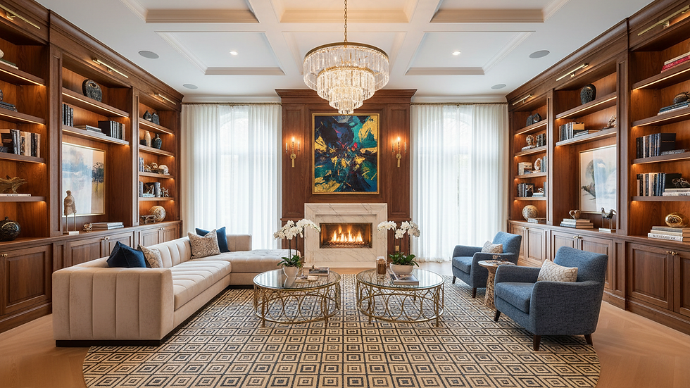 Wide angle view of a spacious living room with custom built-ins and elegant lighting