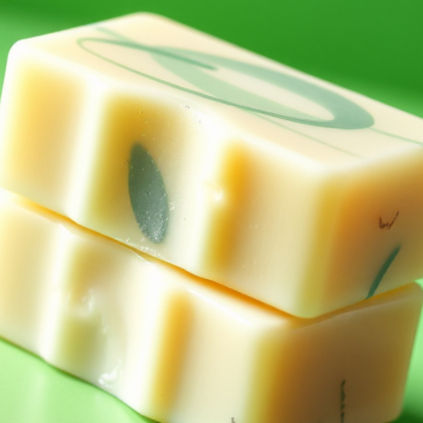 Two stacked bars of soap with abstract green shapes on a green background, creating a fresh and clean appearance.