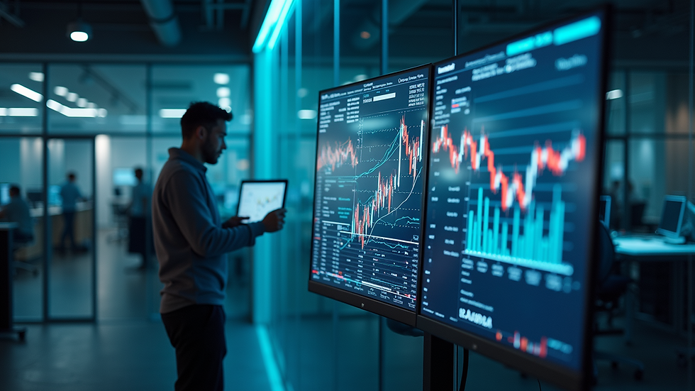 High angle view of a modern office with digital data screens