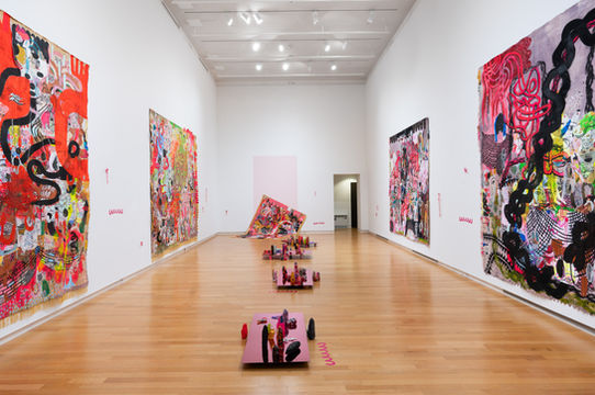 Vibrant textile art installation at Goucher College