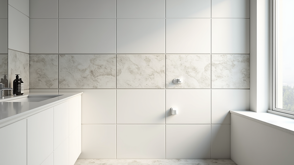 close-up of bathroom wall with large white tiles and textured stone accent