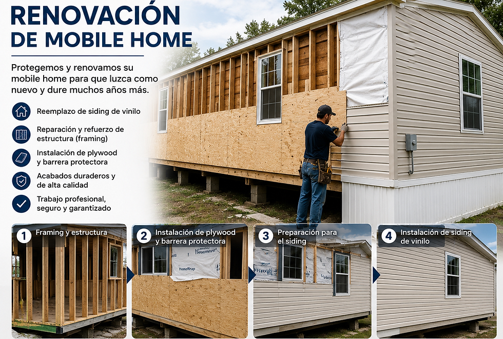"Complete mobile home renovation from framing to finished exterior with new siding, flooring, and structural repairs."