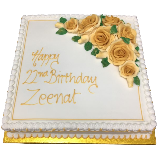 Beautiful 14" square cake adorned with delicate roses, perfect for special occasions and celebrations.
