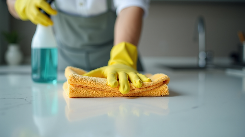 High angle view of a professional cleaner using a microfiber cloth on a countertop