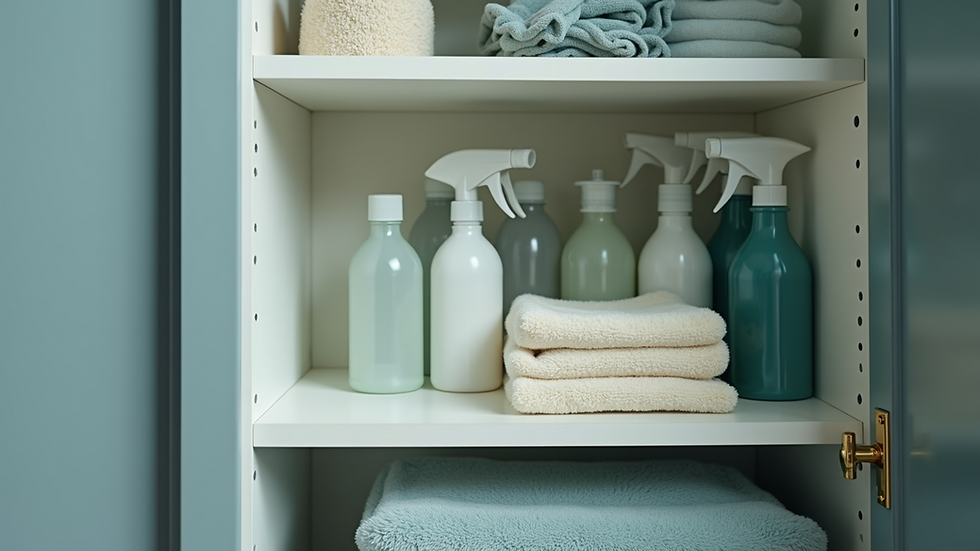 High-angle view of a well-organized cleaning supply cabinet