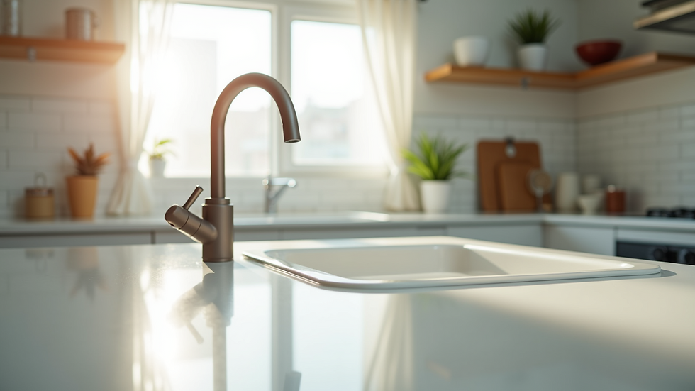 Close-up view of a sparkling clean kitchen countertop in a vacation rental.