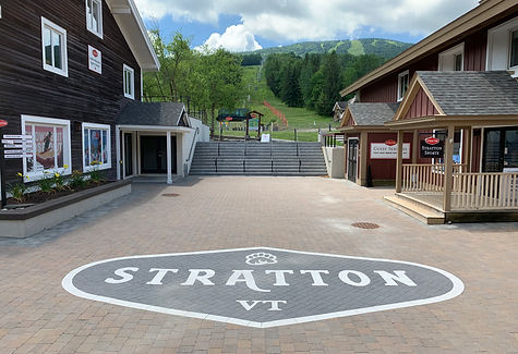 The paver courtyard, featuring a custom paver logo, at the Stratton Mountain Resort in Stratton, VT