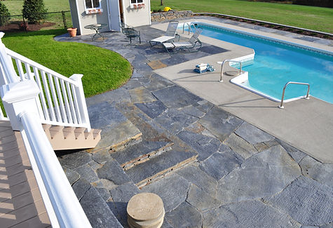 Ashfield Stone pool flagstone patio deck, walls and steps at a home in Easthampton, MA