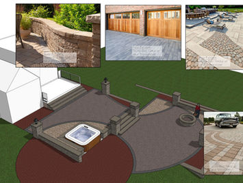 Landscape design plan with patio, hot tub, and paver examples.