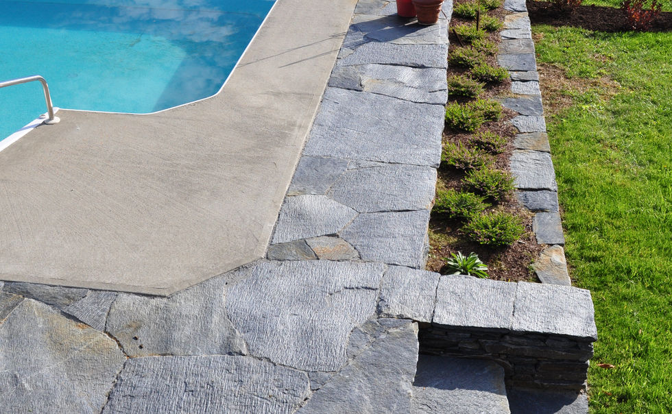 Ashfield Stone pool flagstone patio deck, walls and steps at a home in Easthampton, MA