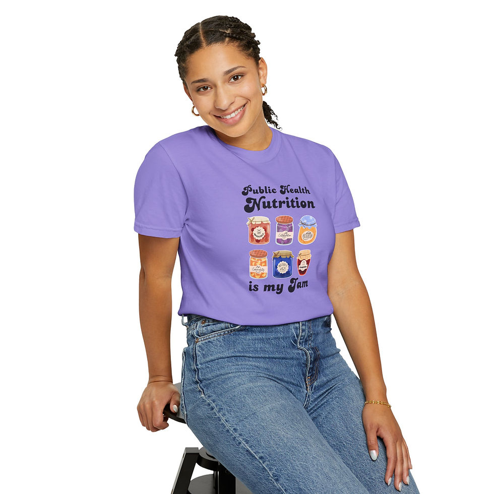 Thumbnail: Image of a t-shirt depicting various jars of jam. Text reads "Public Health Nutrition is my Jam" "advocacy" "integrity"