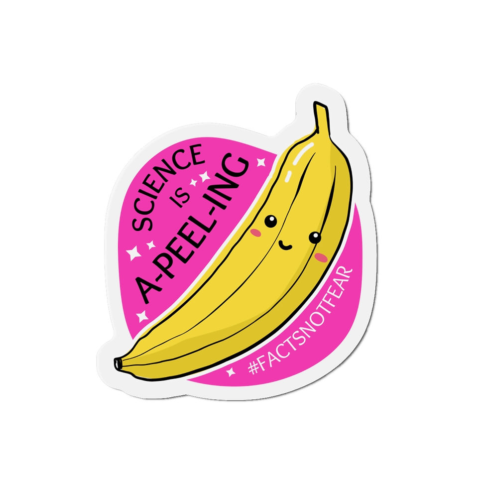 Thumbnail: Cartoon banana on a bright purple background with text of a food pun that reads "Science is A-PEEL-ING #factsnotfear"