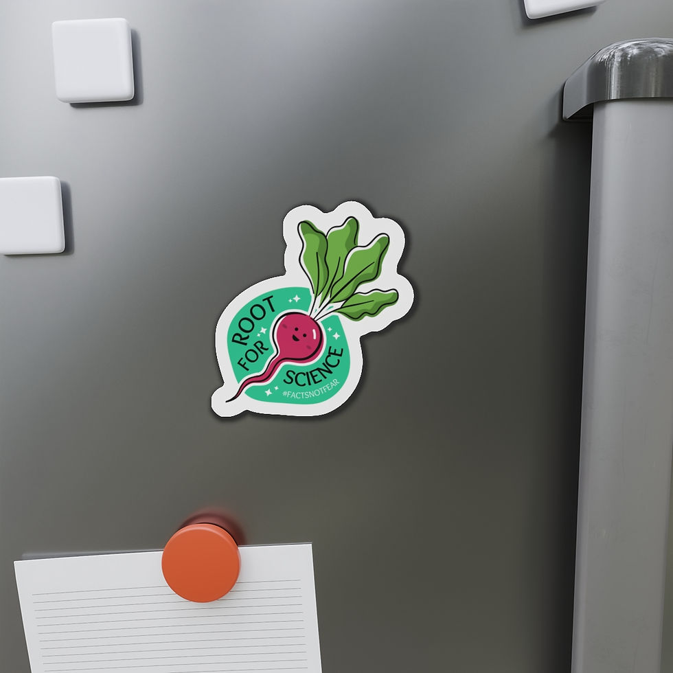 Thumbnail: Cartoon image of root vegetable on teal background with text of food pun that reads "Root for Science #factsnotfear"