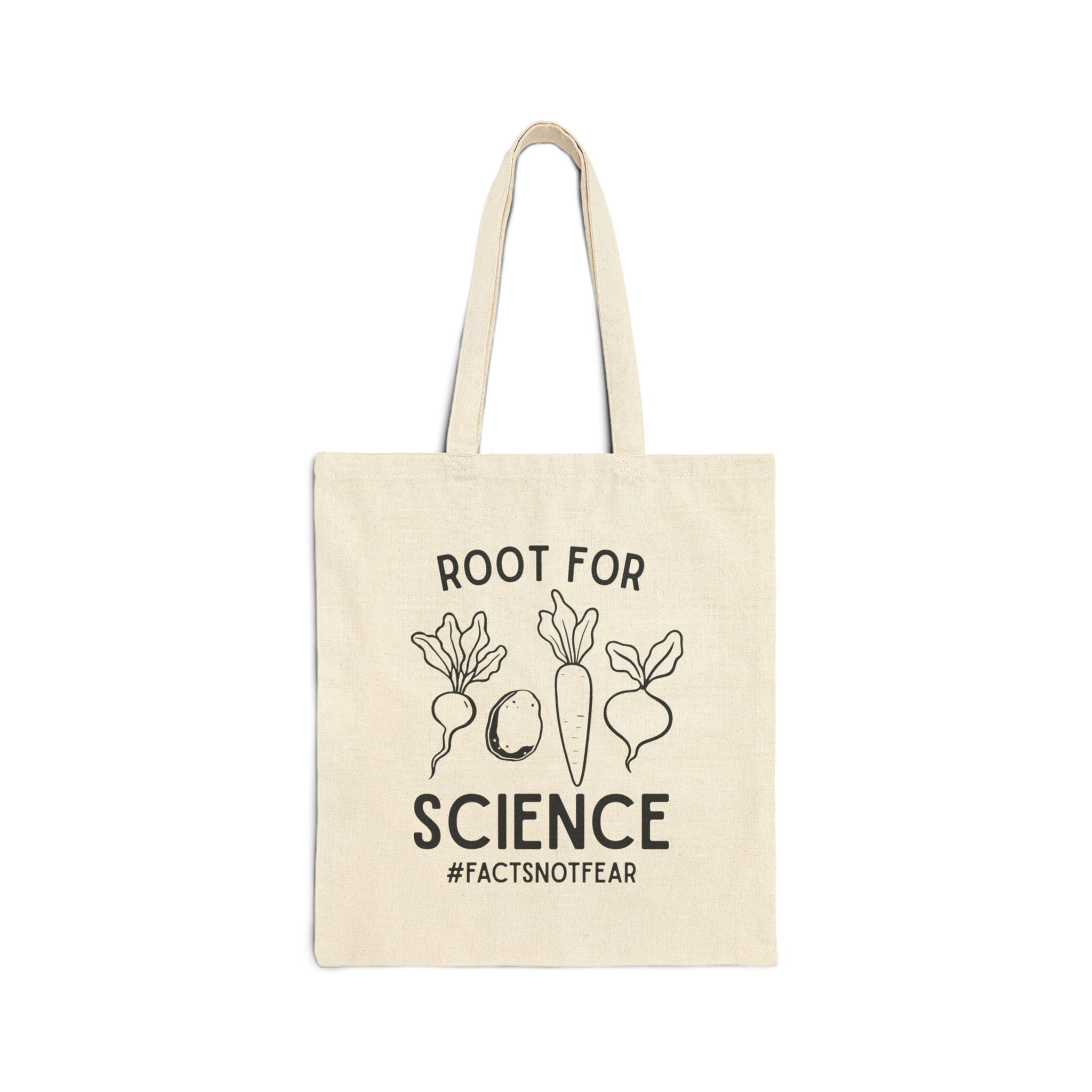 Tote bag featuring outline of root vegetables with text of nutrition pun that reads "Root for Science #factsnotfear"