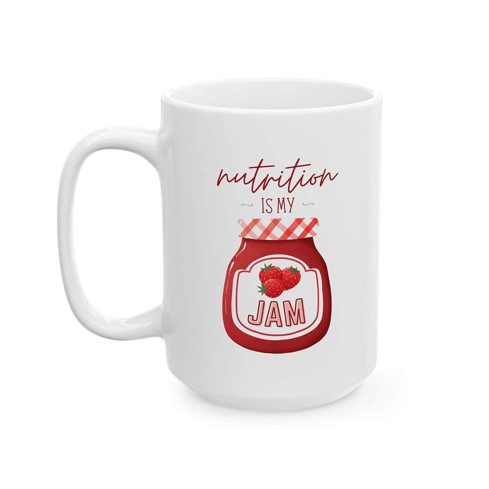 Thumbnail: Image of a white coffee mug with depiction of jar of strawberry jam. Text reads "Nutrition is my Jam"