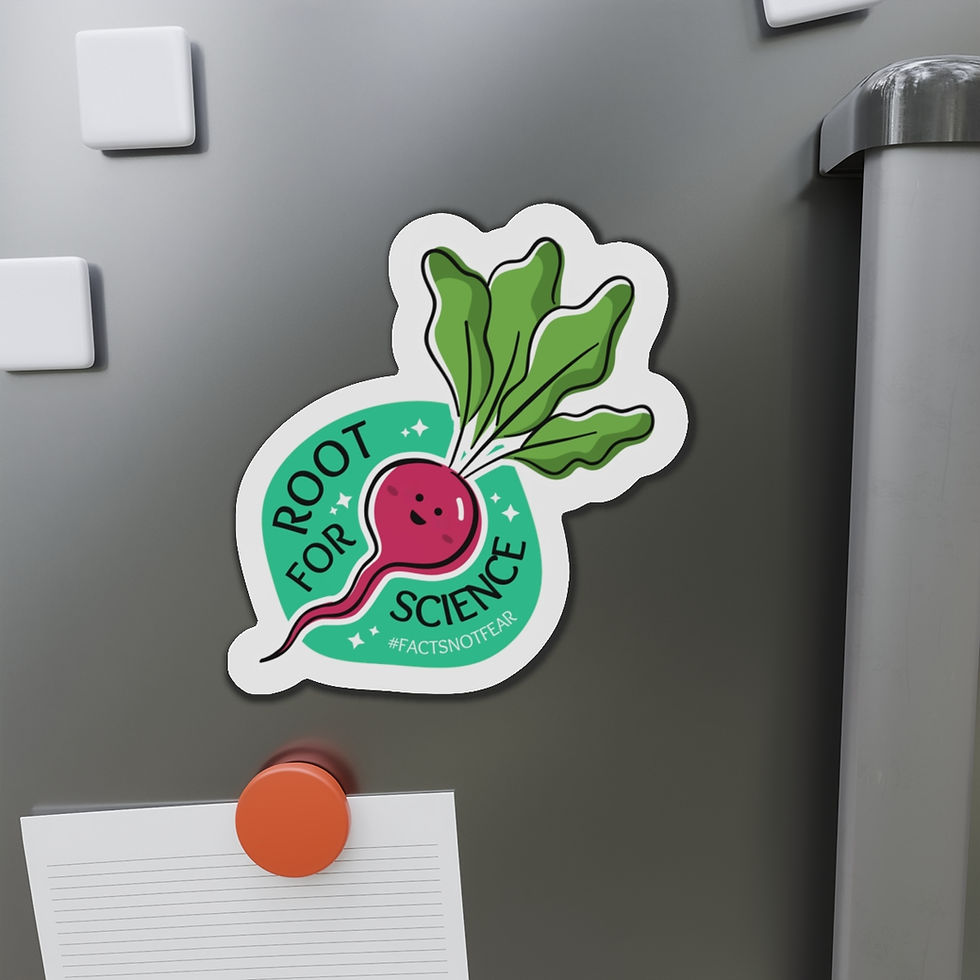 Thumbnail: Cartoon image of root vegetable on teal background with text of food pun that reads "Root for Science #factsnotfear"