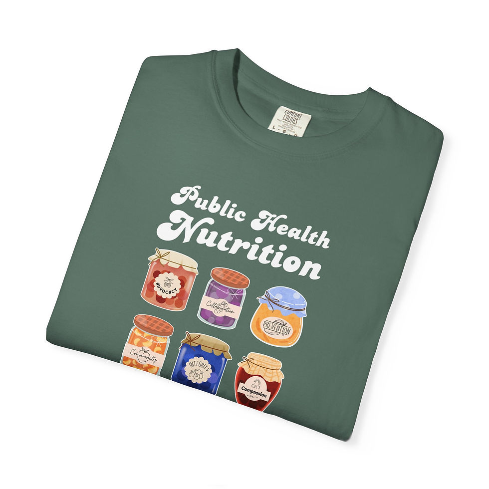 Thumbnail: Image of a t-shirt depicting various jars of jam. Text reads "Public Health Nutrition is my Jam" "advocacy" "integrity"