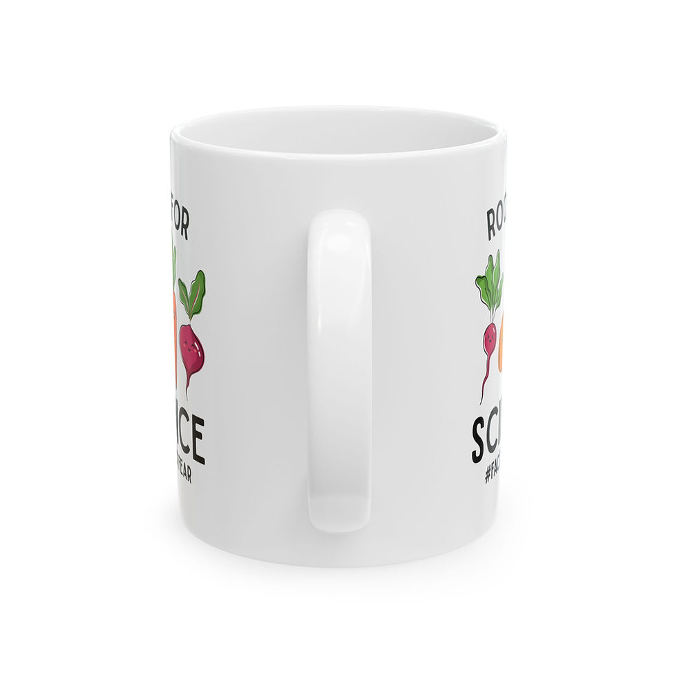 Thumbnail: Ceramic mug featuring colorful root vegetables with text of nutrition pun that reads "Root for Science #factsnotfear"