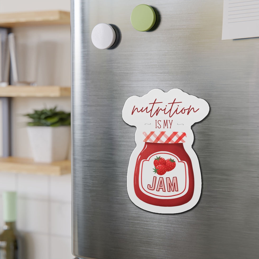 Thumbnail: Image of a die-cut magnet with depiction of jar of strawberry jam. Text reads "Nutrition is my Jam"