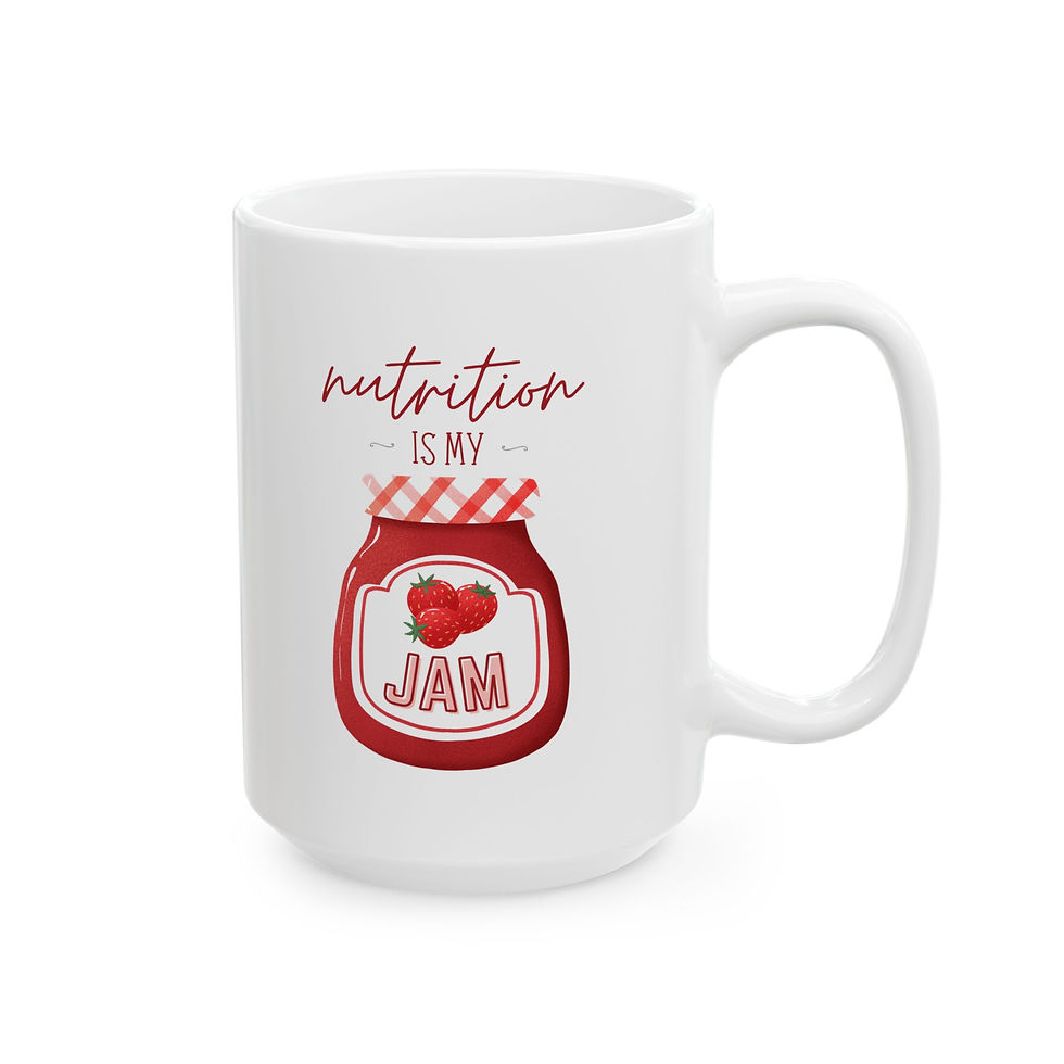Thumbnail: Image of a white coffee mug with depiction of jar of strawberry jam. Text reads "Nutrition is my Jam"