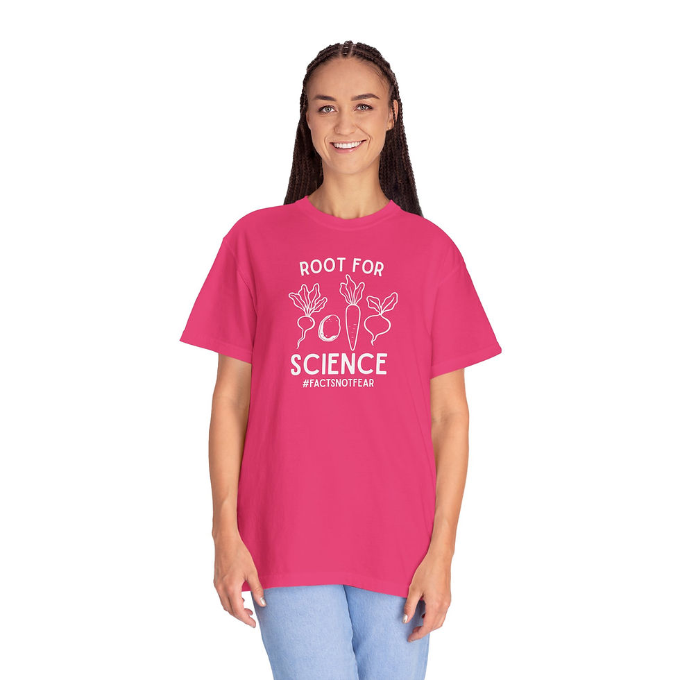 Thumbnail: T-shirt featuring outline of root vegetables with text of nutrition pun that reads "Root for Science #factsnotfear"