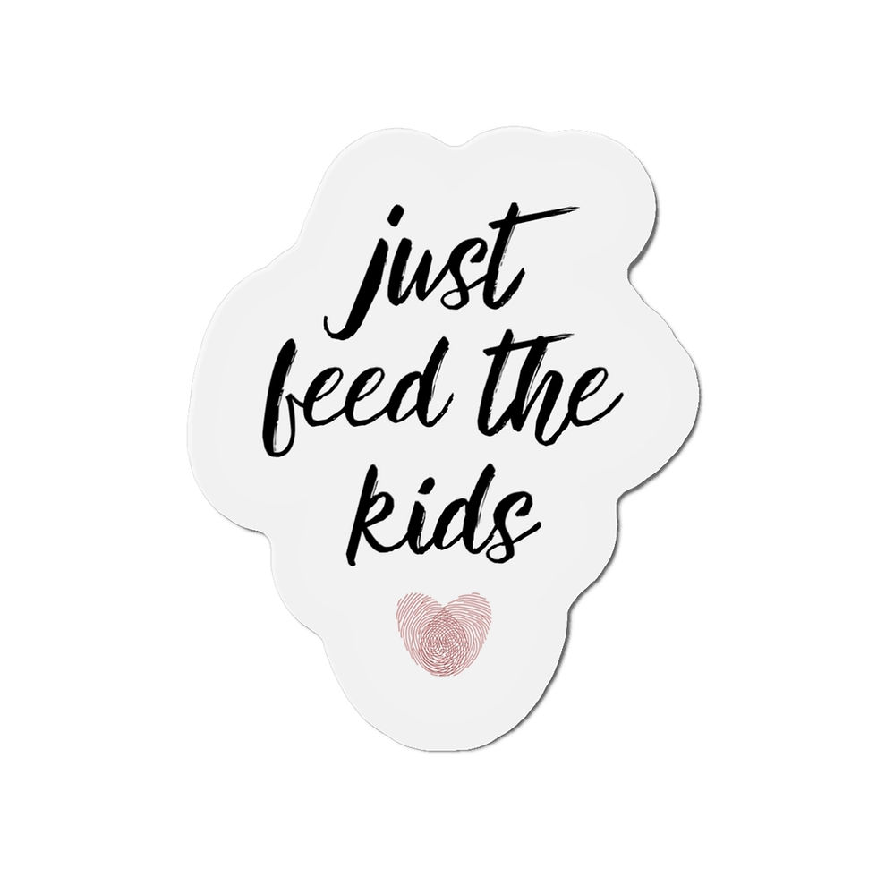 "just feed the kids" in black cursive font with heart below made from two overlapping thumbprints