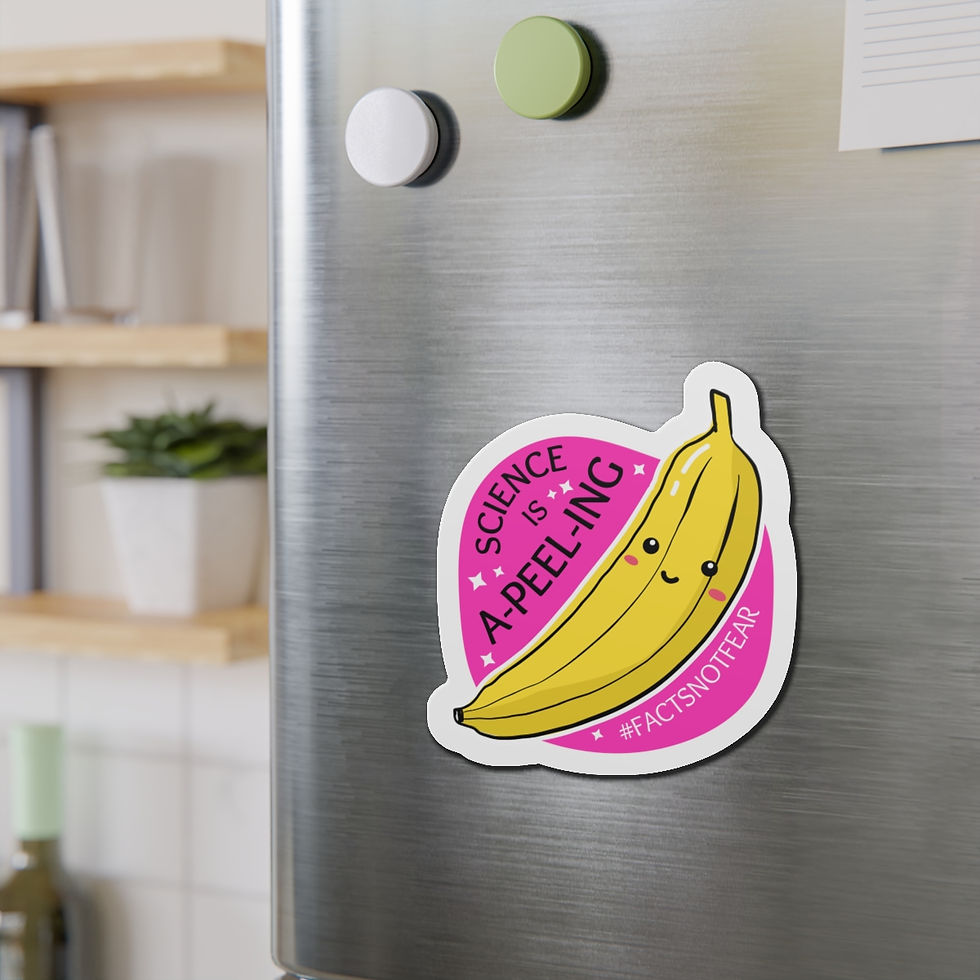 Thumbnail: Cartoon banana on a bright purple background with text of a food pun that reads "Science is A-PEEL-ING #factsnotfear"