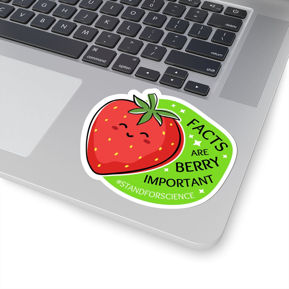Thumbnail: Kiss-Cut Sticker of smiling strawberry with text of nutrition pun that reads "Facts are Berry Important #StandForScience"