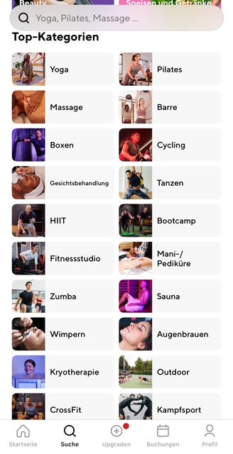 ClassPass App verschiedene Kategorien