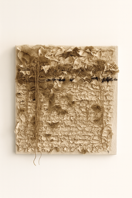 Textured monochromatic relief artwork featuring a prominent horizontal dark line.