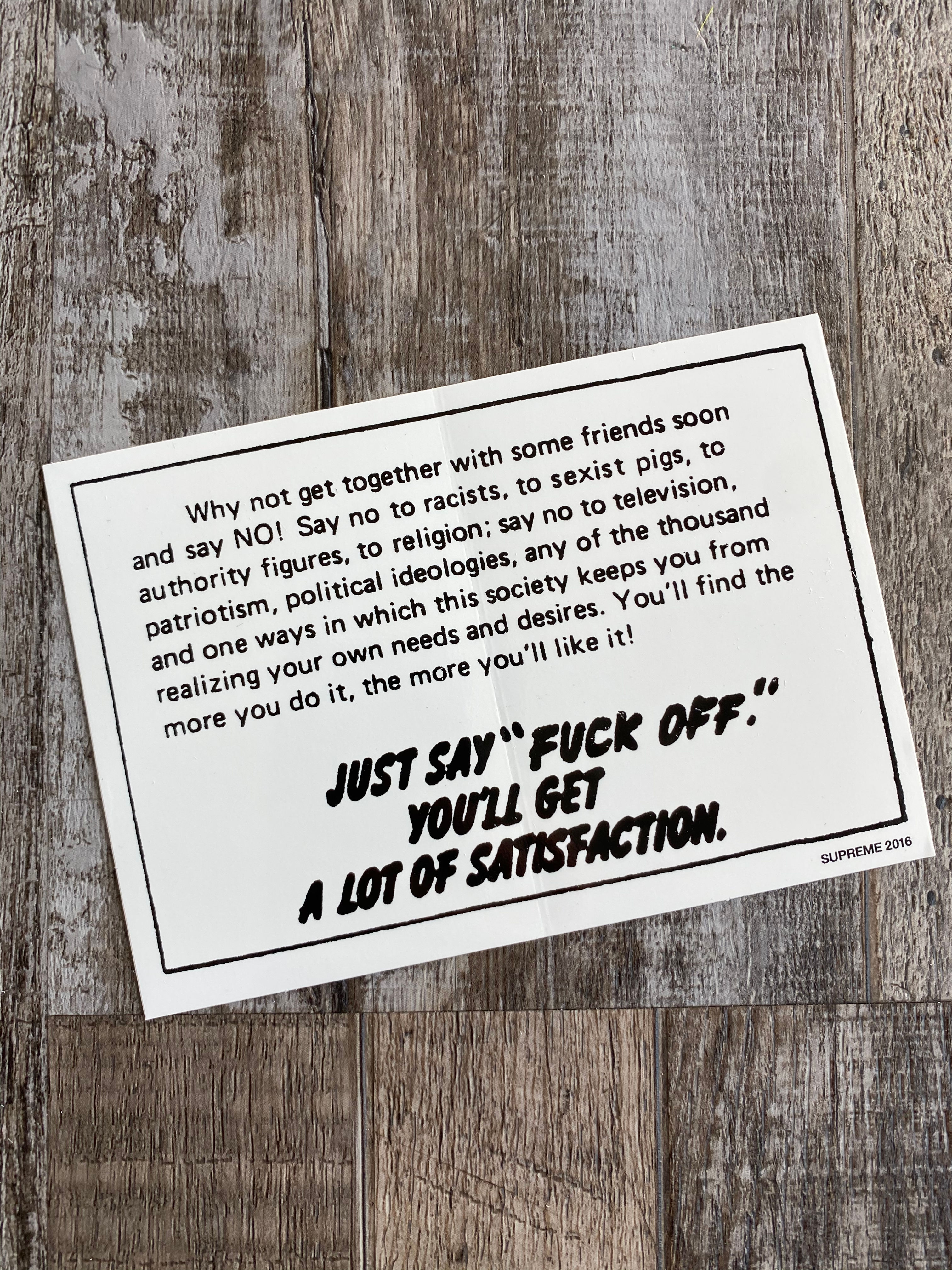 Supreme Just Say Fuck Off Sticker