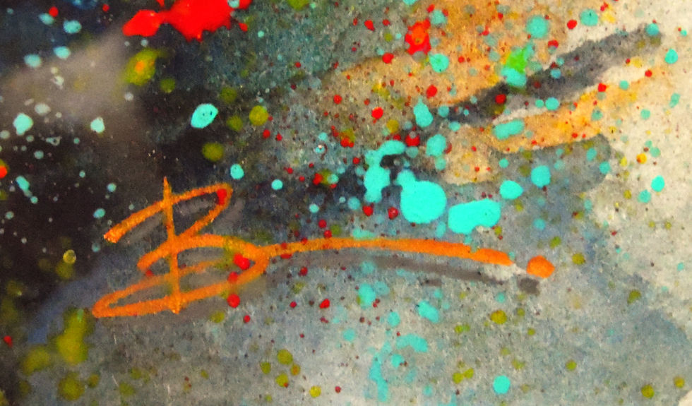 Abstract paint splatters with an orange signature logo