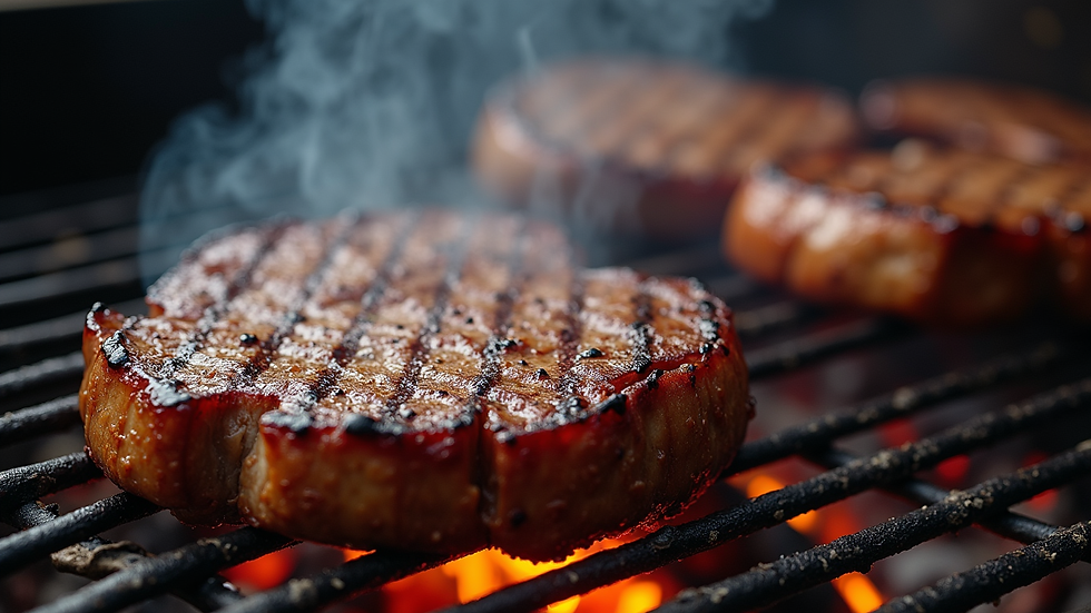 Eye-level view of a Tomahawk steak being grilled on a barbecue