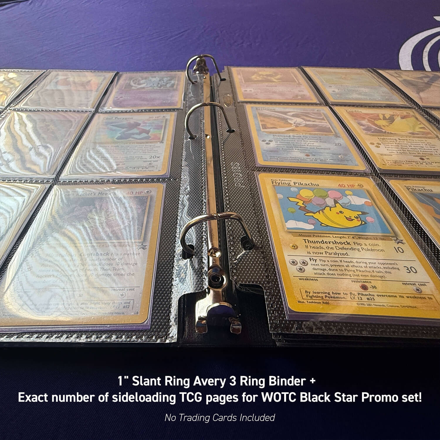 Open Black Star Promo binder showcasing Pokémon cards like Lucky Stadium in BCW 9-pocket side-loading pages.