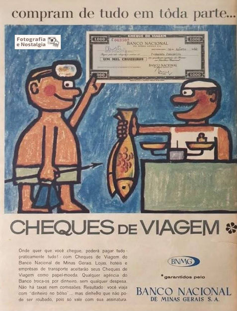 Propaganda "Compram de tudo em toda parte...", Cheques de viagem, Banco Nacional de Minas Gerais S/A, Brasil