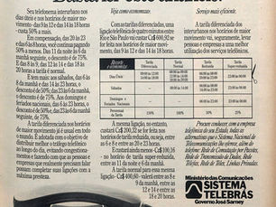 Propaganda "Seu interurbano pode custar até 75% a menos ou 50% a mais, basta ler este anúncio", 1988, Sistema Telebrás / Ministério das Comunicações, Brasil