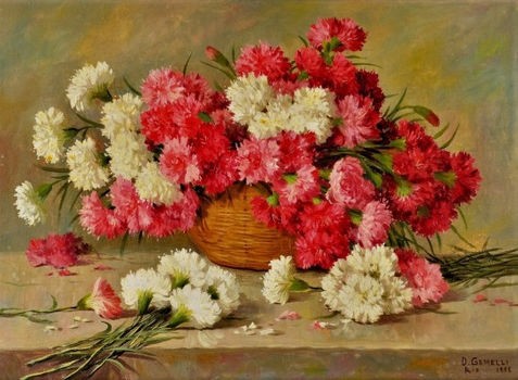 Cesto com flores, cravos brancos e vermelhos (Cesto com flores, cravos brancos e vermelhos) - Domingos Gemelli