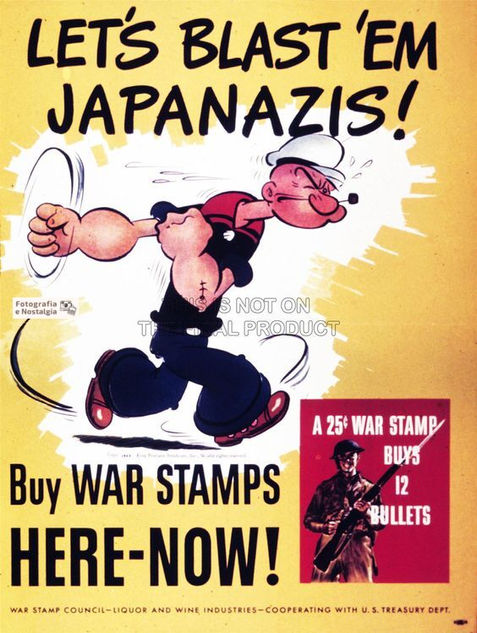 Cartaz de propaganda da Segunda Guerra Mundial "Let's blast 'em japanazis! Buy war stamps here now!", Estados Unidos