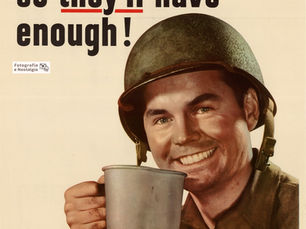 Cartaz de propaganda da Segunda Guerra Mundial "Do with less, so they'll have enough", 1943, Estados Unidos