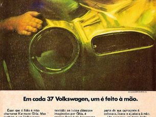 Propaganda "Em cada 37 Volkswagen, um é feito à mão", 1968, Volkswagen Karmann Ghia, Volkswagen, Brasil