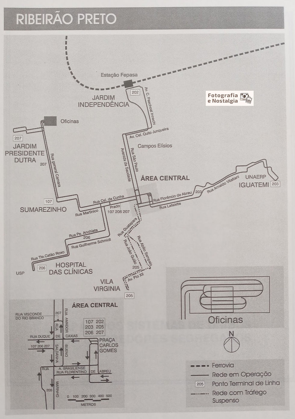 Mapa do sistema trólebus, 1997, Transerp, Ribeirão Preto, São Paulo, Brasil